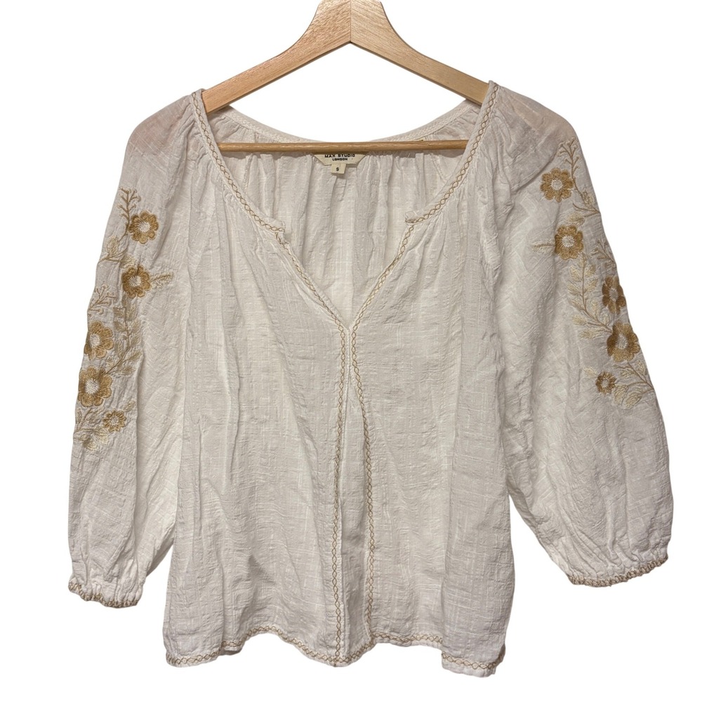 Max Studio London Embroidered Peasant Top Size S Ivory Boho Country Concert